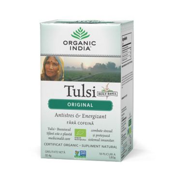 Ceai Tulsi (Busuioc Sfant) Original | Antistres Natural & Energizant, eco, 32.4 gr, Organic India