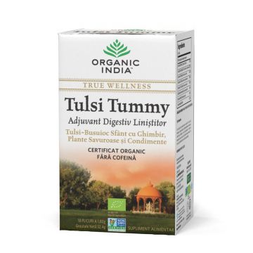 Ceai Digestiv Tulsi (Busuioc Sfant) Tummy cu Ghimbir, Plante Savuroase si Condimente, eco, 32.4 gr, Organic India