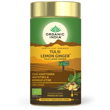 Ceai Tulsi (Busuioc Sfant) cu Lamaie si Ghimbir - Antistres Natural & Reinsufletire, eco, 100 gr, Organic India
