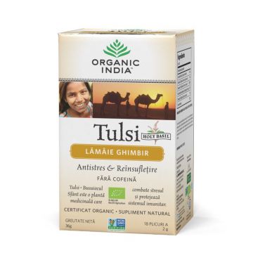 Ceai Tulsi (Busuioc Sfant) cu Lamaie si Ghimbir - Antistres Natural & Reinsufletire, eco, 36 gr, Organic India