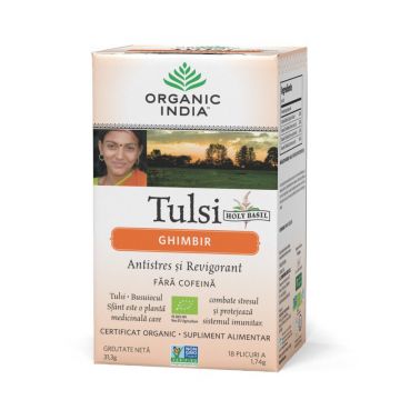 Ceai Tulsi (Busuioc Sfant) Ghimbir | Antistres Natural si Revigorant, eco, 31.3 gr, Organic India