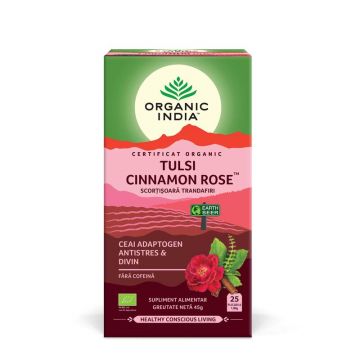 Ceai Tulsi (Busuioc Sfant) Scortisoara Trandafiri - Ceai Adaptogen Antistres si Divin, eco, 25 de plicuri, Organic India