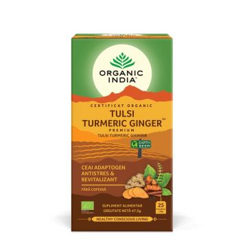 Ceai Tulsi (Busuioc Sfant) Turmeric Ghimbir - Ceai Adaptogen Antistres si Revitalizant, eco, 25 de plicuri, Organic India